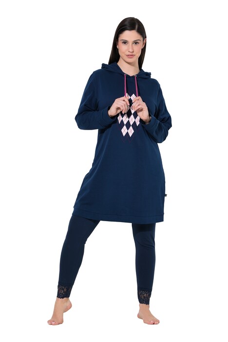 Loungewear-Kleid, Rhomenmotiv, Kapuze, Langarm
