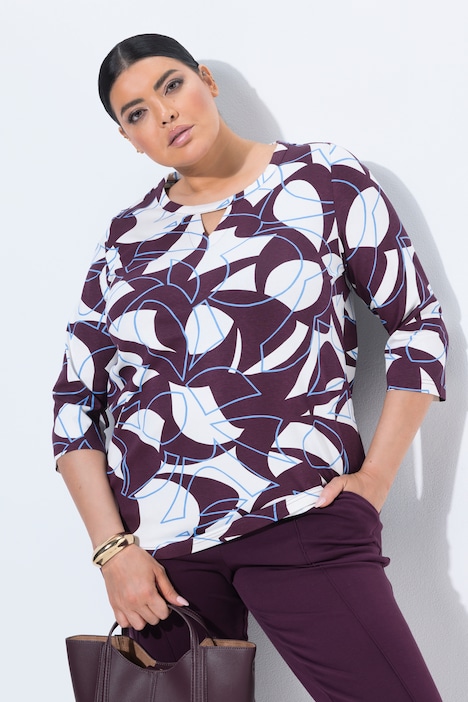 Graphic Leaf Print 3/4 Sleeve Tee