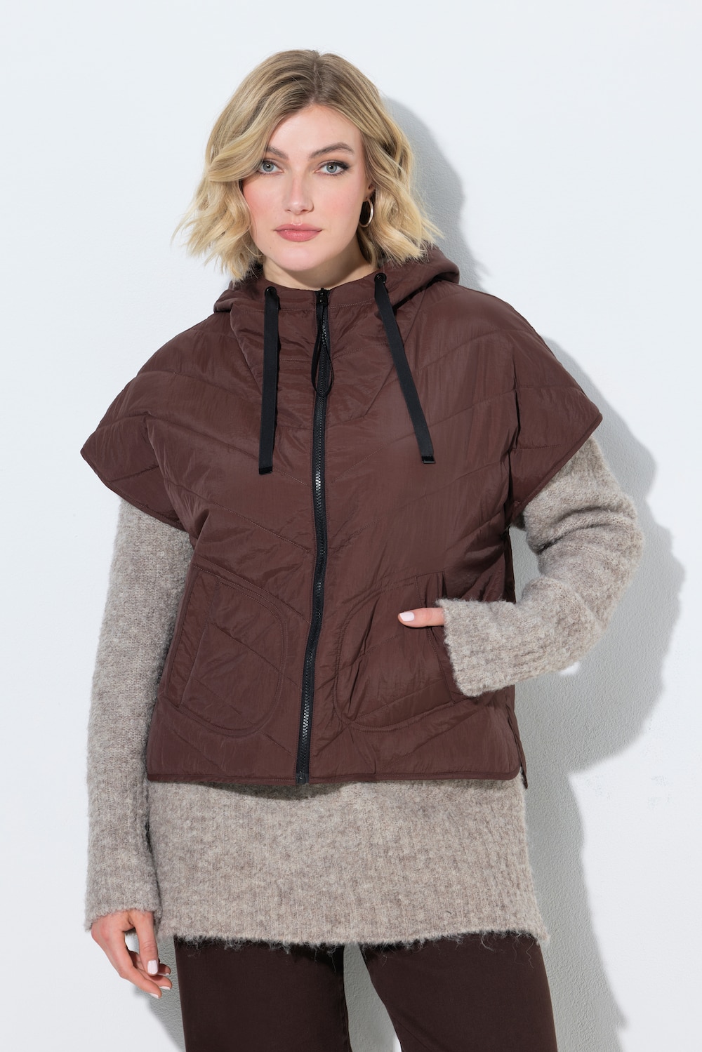 Steppweste, Oversized, Kapuze, leicht