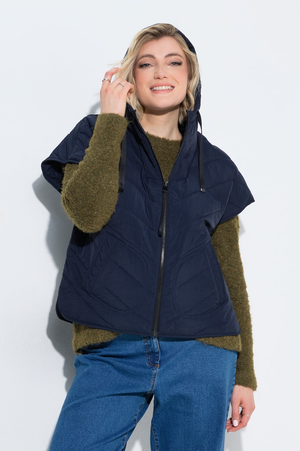 Steppweste, Oversized, Kapuze, leicht