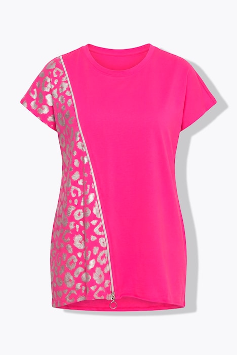 Metallic Leopard Print Zipper Tunic Tee