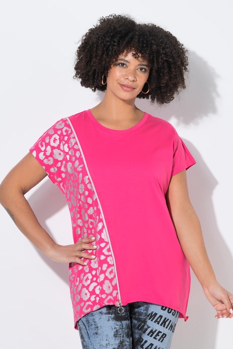 Metallic Leopard Print Zipper Tunic Tee