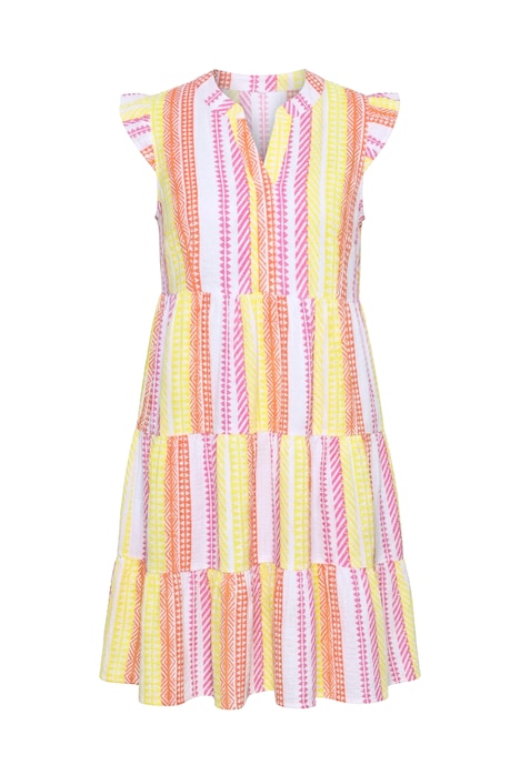 Mušelínové šaty, áčkový střih, kombinace proužků, volány