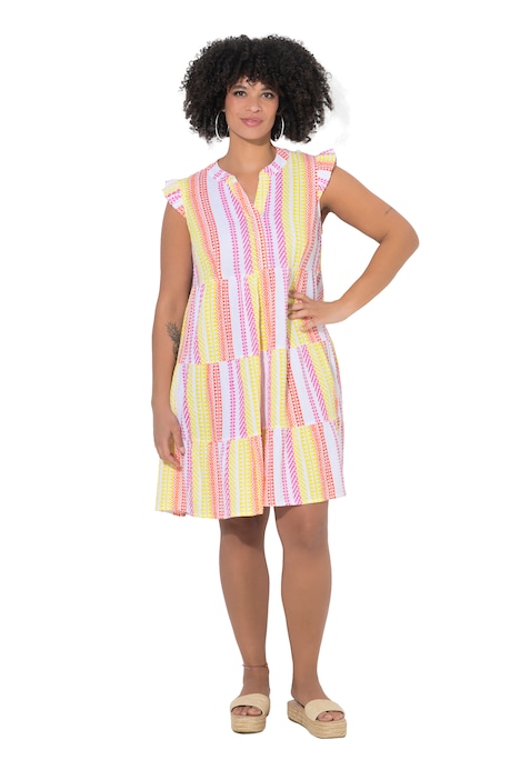 Mušelínové šaty, áčkový střih, kombinace proužků, volány