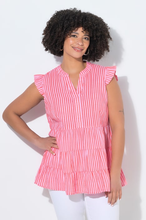 Musselinbluse, A-form, striber, ærmeflæser, flæser