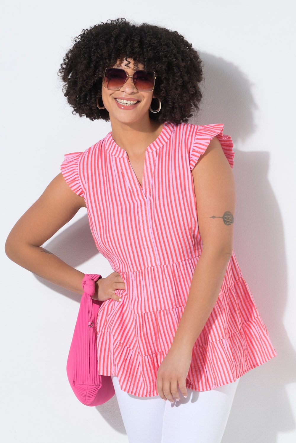 Musselinbluse, A-form, striber, ærmeflæser, flæser