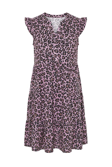 Mušelínové šaty, áčkový střih, leopardí vzor, volánky na rukávech
