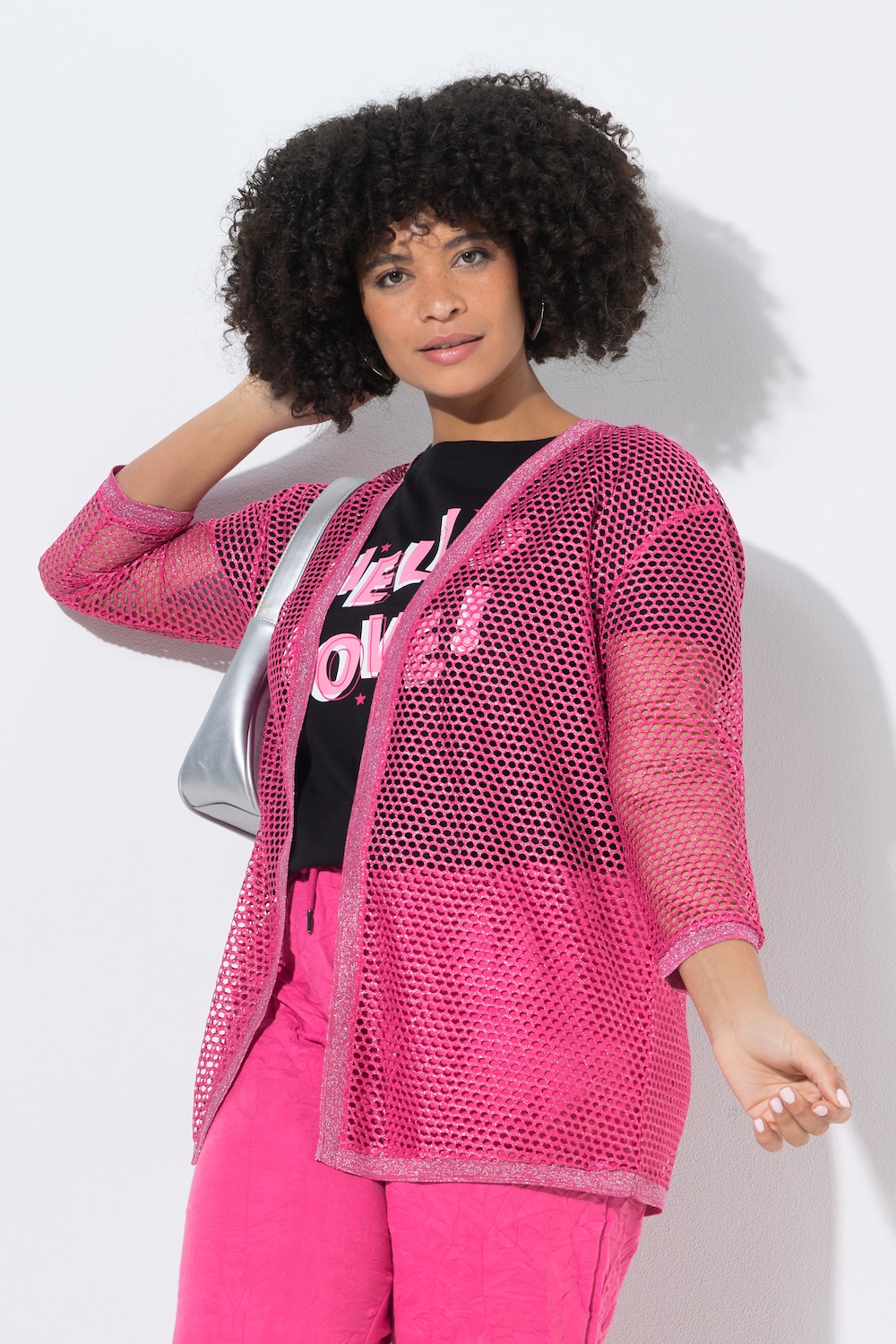 Lochstrick-Jacke, Relaxed Fit, offene Jacke, Glitzereffekt