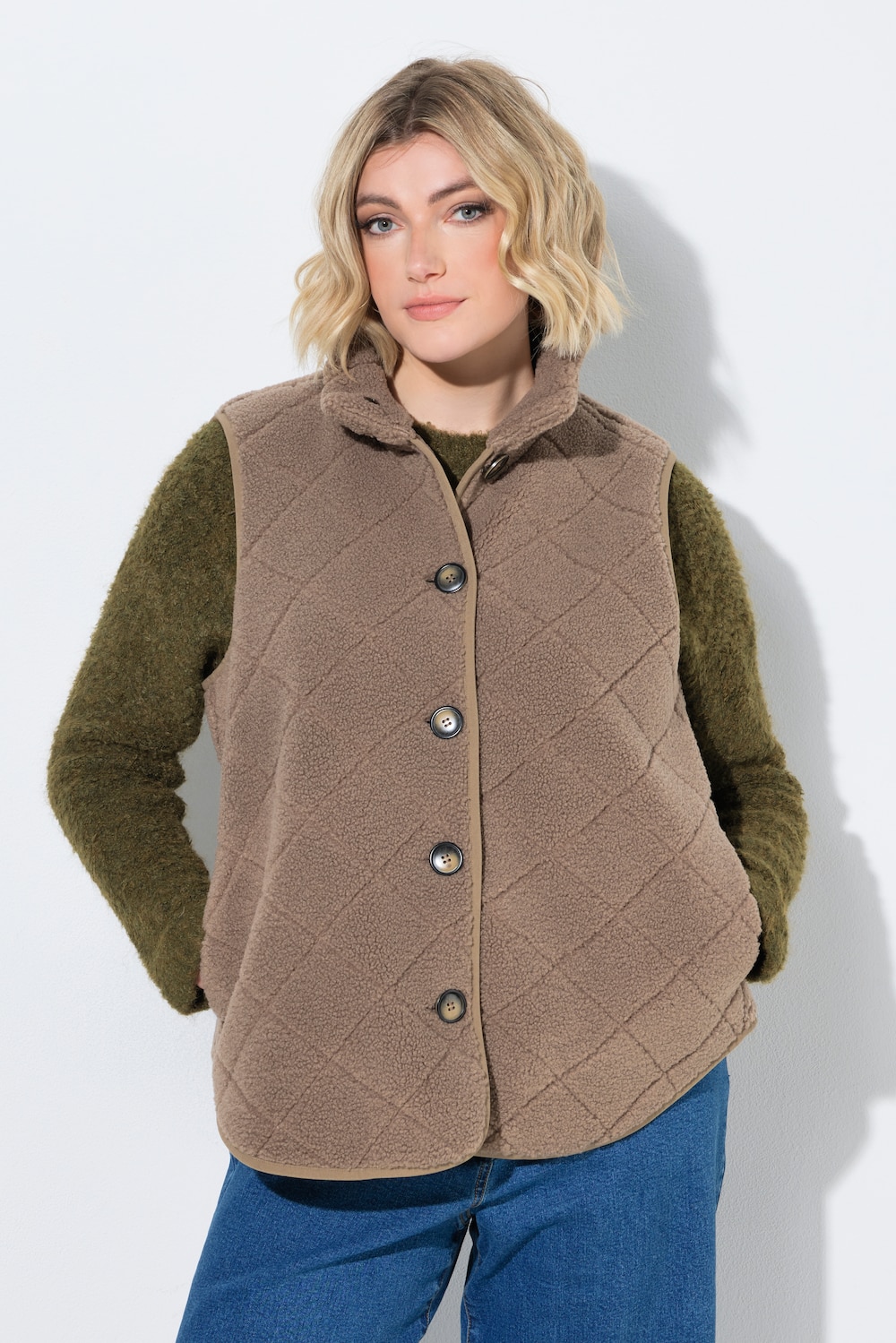 Bodywarmer, teddyfleece, ruitjespatroon, opstaande kraag, mouwloos