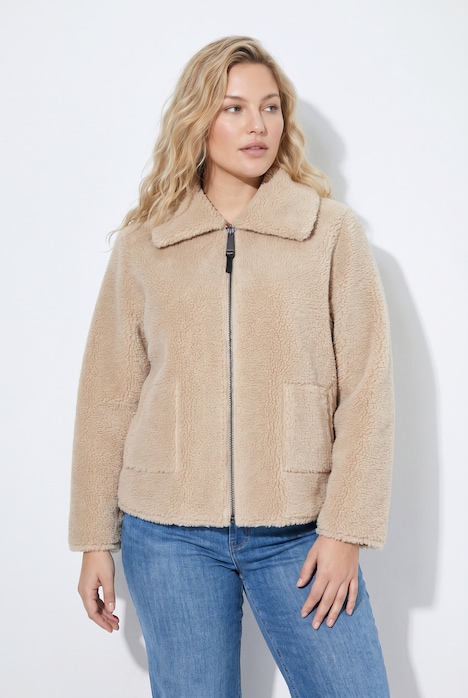 Veste réversible, polaire bouclée/simili cuir, col chemise et manches longues