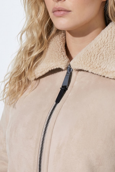 Veste réversible, polaire bouclée/simili cuir, col chemise et manches longues