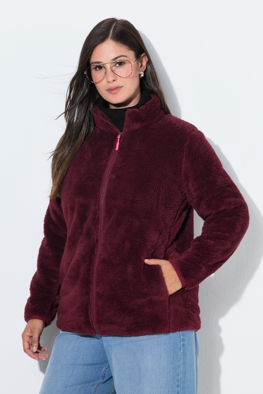 Fleecejacke, Teddyfleece, Stehkragen, Langarm