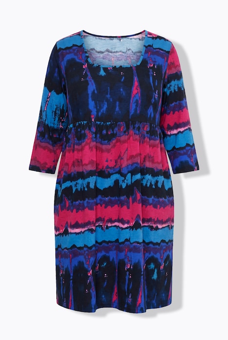Jerseykleid, Batikmuster, A-Linie, Carré-Ausschnitt, 3/4-Arm