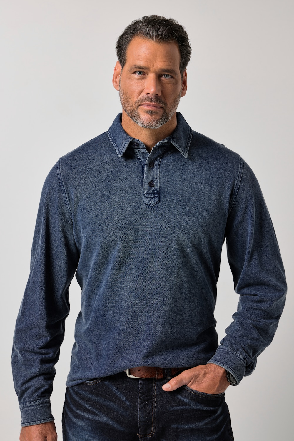 Langarm-Poloshirt, Piqué, Indigo-Färbung, bis 8 XL
