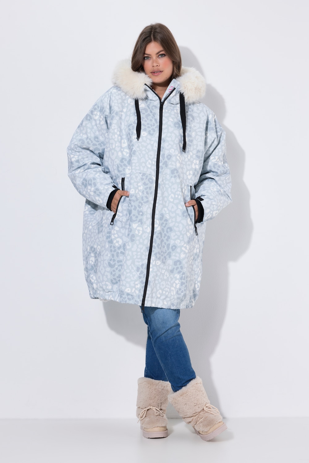 Funktionsmantel, oversized, Teddyfutter, Kapuze, 2-Wege-Zipper