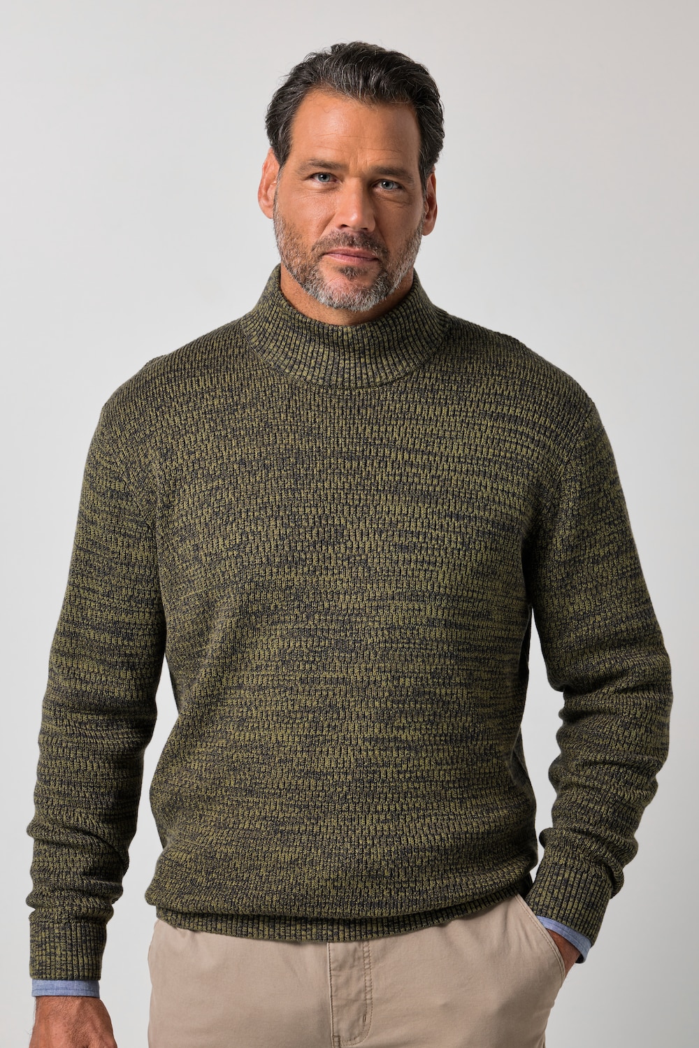 Jumper, tofarvet grovstrik, ståkrave, op til str. 7XL