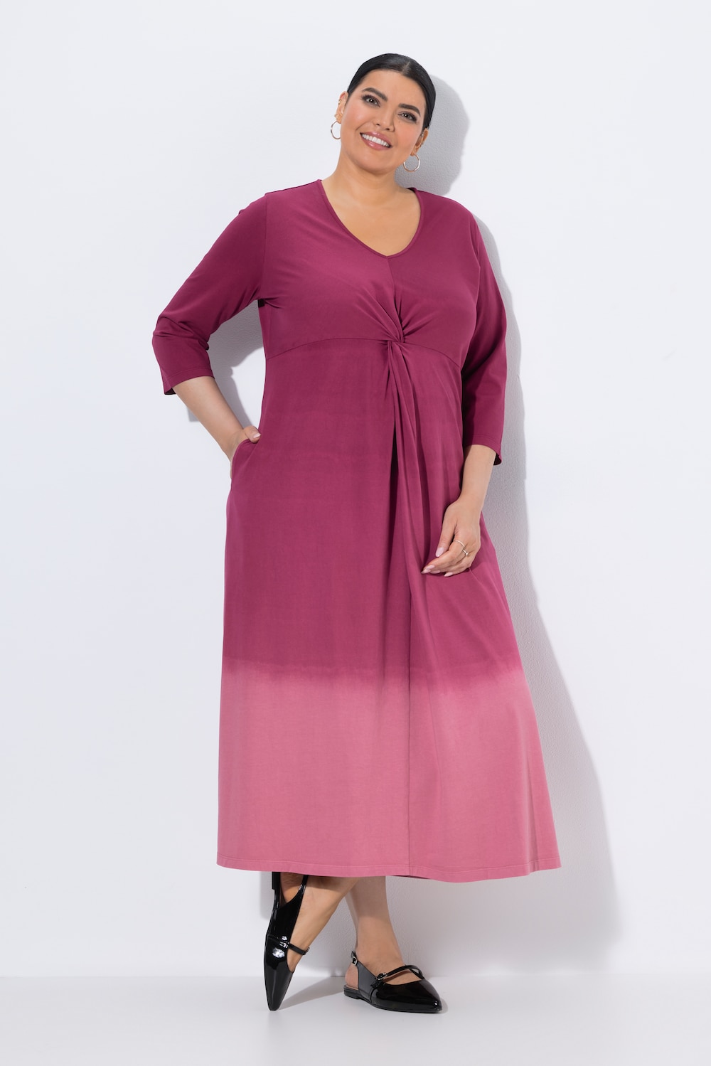 Jersey jurk, batikpatroon, A-lijn, V-hals, 3/4-mouwen