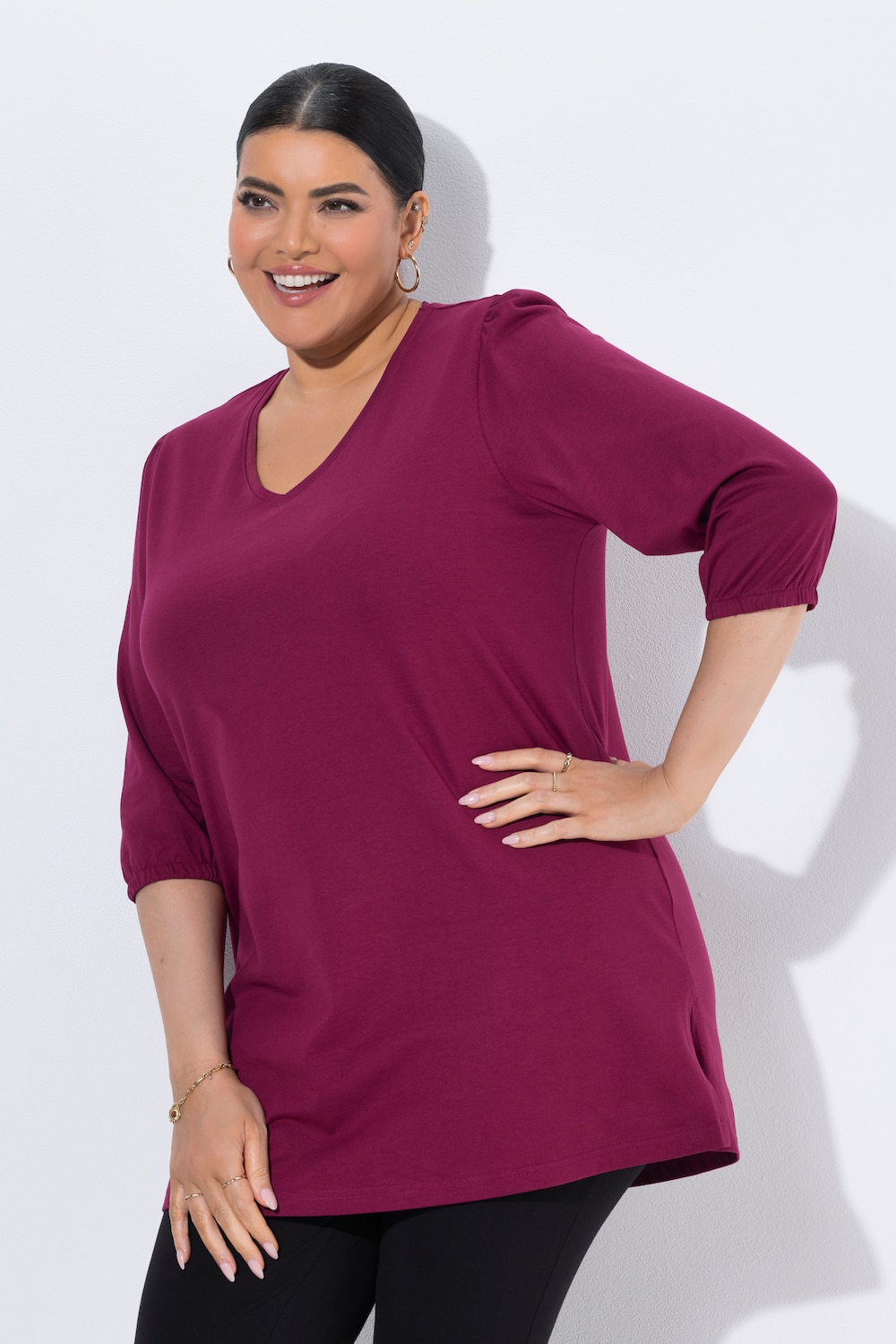Longshirt, Puffärmel, V-Ausschnitt, 3/4-Arm