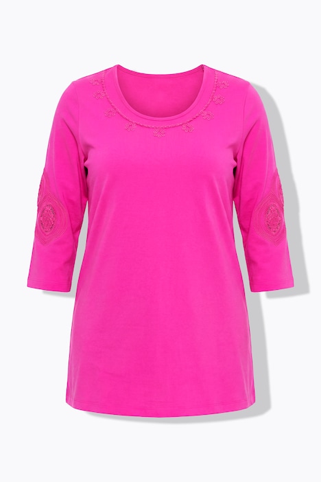Longshirt, bestickter Rundhalsausschnitt, 3/4-Arm