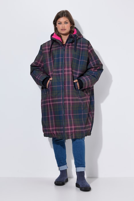 Funktionsmantel, oversized, Karodruck, Teddyfutter, Kapuze, 2-Wege-Zipper