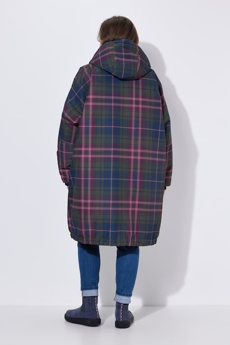 Funktionsmantel, oversized, Karodruck, Teddyfutter, Kapuze, 2-Wege-Zipper