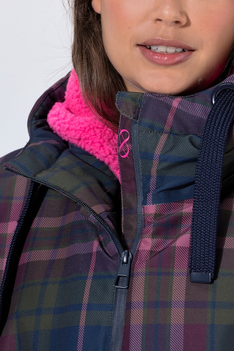 Funktionsmantel, oversized, Karodruck, Teddyfutter, Kapuze, 2-Wege-Zipper
