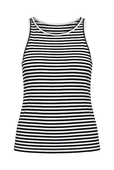 Pruhovaný top, žebrovaný úplet, kulatý výstřih.