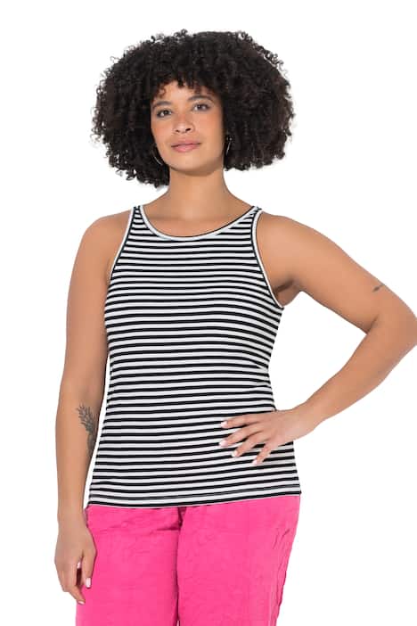 Pruhovaný top, žebrovaný úplet, kulatý výstřih.