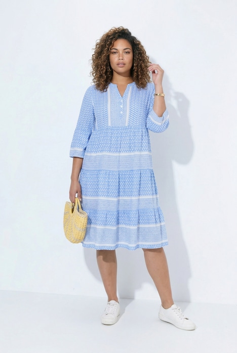 Kleid, Viskosekrepp mit Streifenmix, Volants