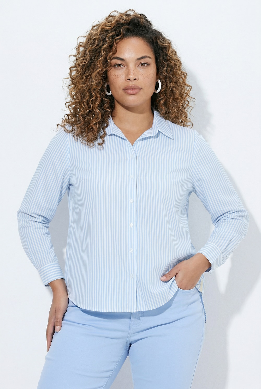 Hemdbluse, A-Linie, Streifen, Seiten-Zierband