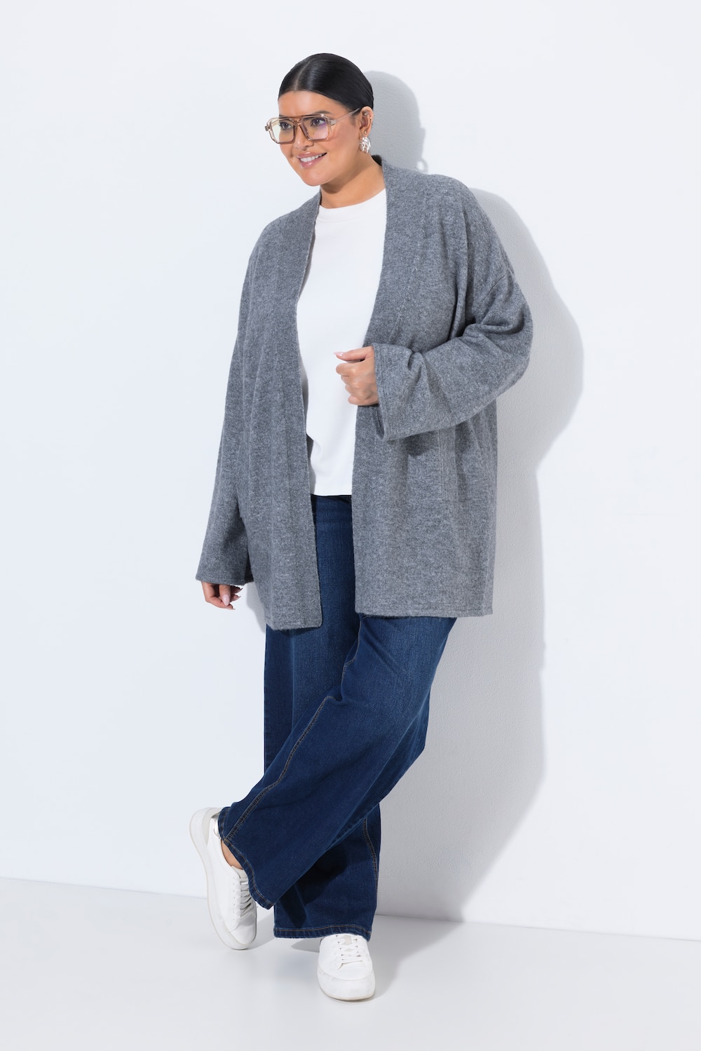 Kimono-Strickjacke, Schalkragen, ohne Verschluss, Langarm
