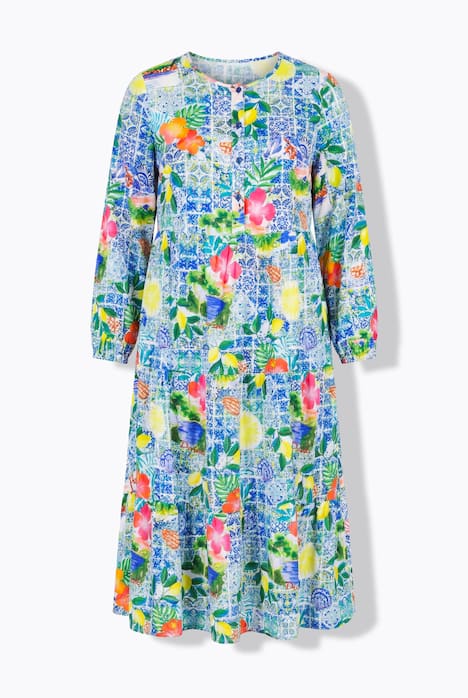 Maxikleid, Capri-Muster, Langarm, Volants