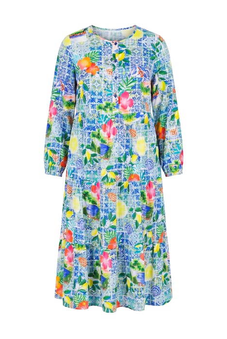 Maxi šaty, capri vzor, dlouhé rukávy, volánky