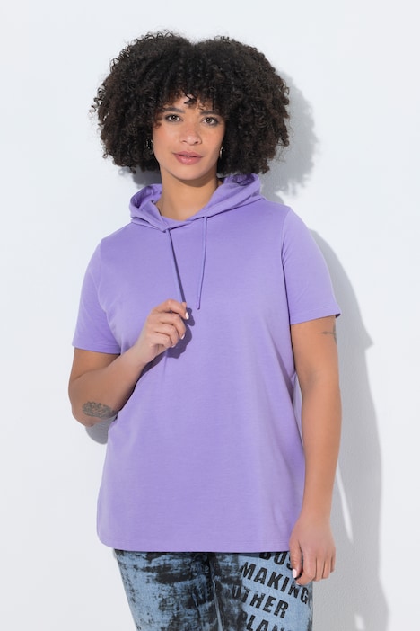 Sweat-shirt à capuche, en molleton chiné, manches courtes et coupe évasée