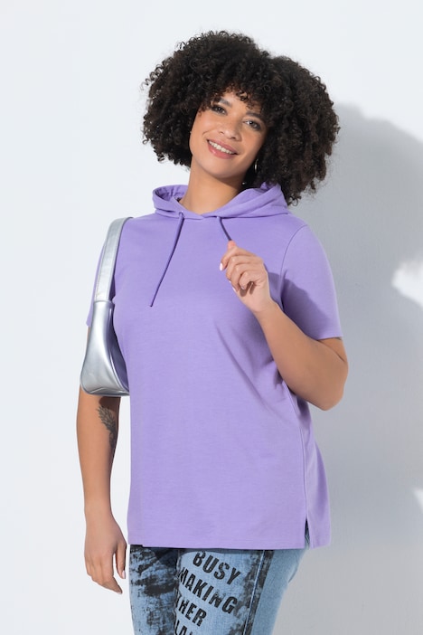 Sweat-shirt à capuche, en molleton chiné, manches courtes et coupe évasée