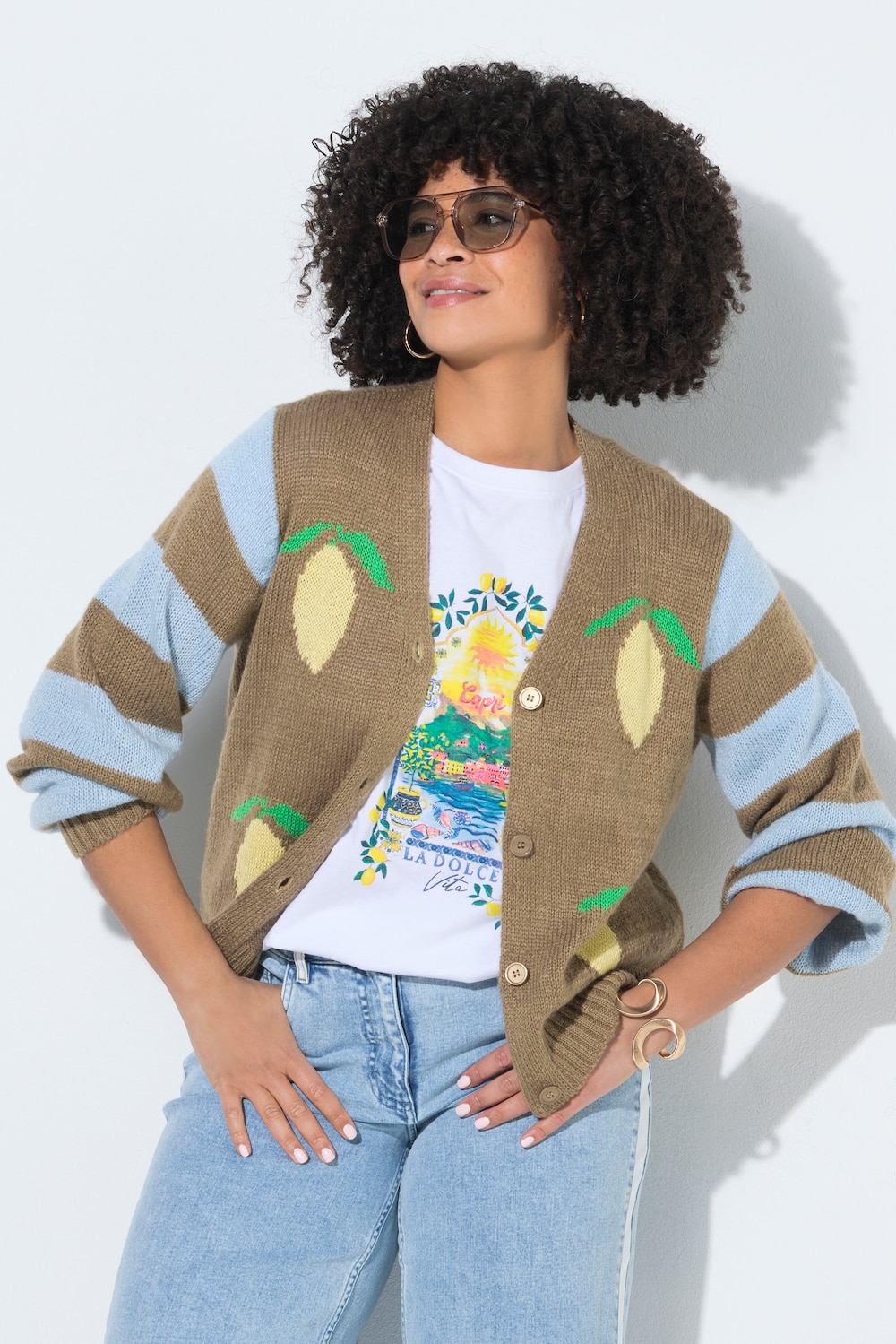 Strickjacke, Straight Fit, Zitronen, Ballon-Langarm