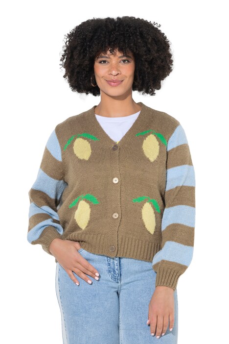 Kardigan, rovný střih, citronový vzor, balónový dlouhý rukáv