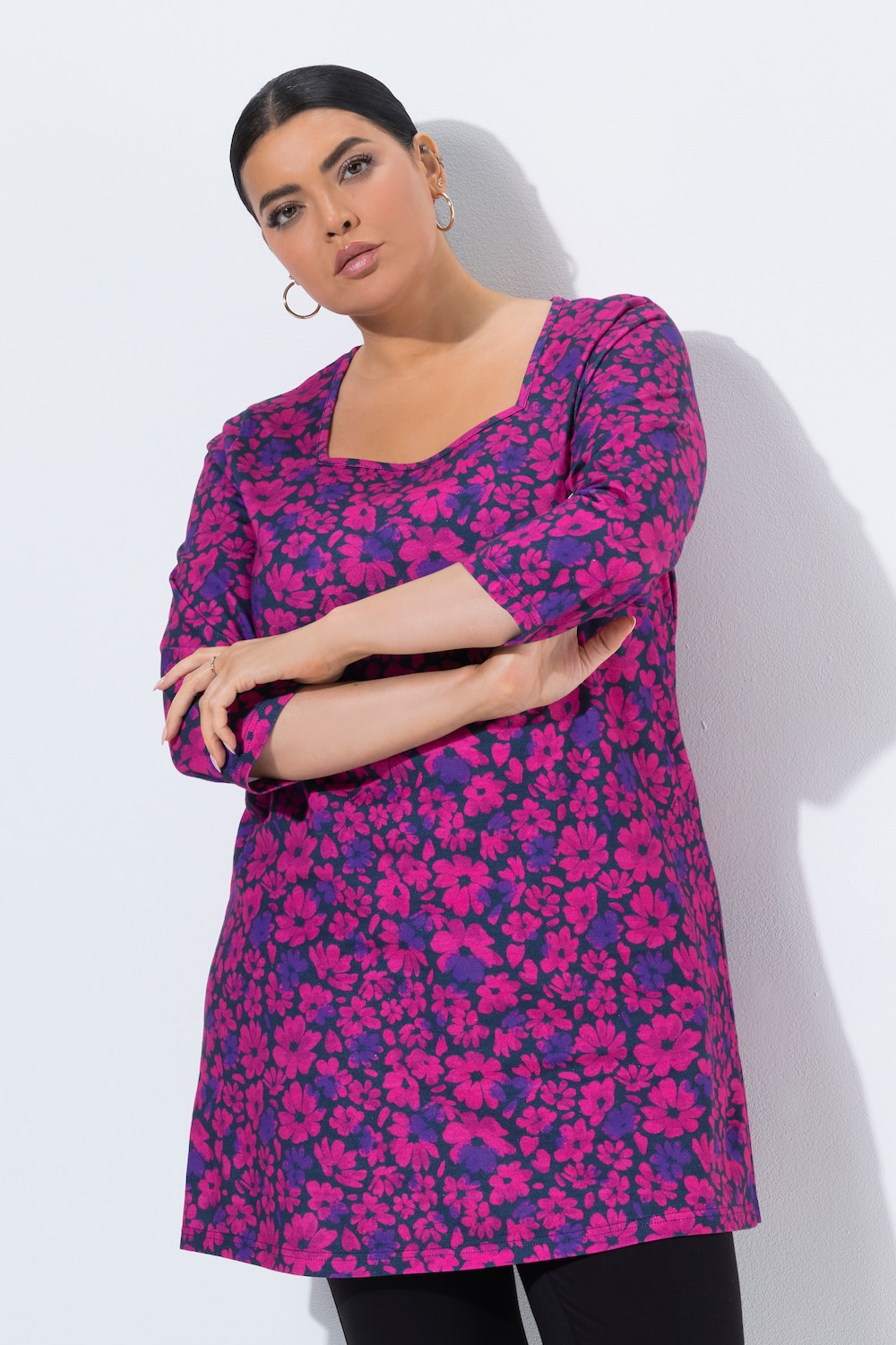 Longshirt, Blüten, Carré-Ausschnitt, 3/4-Arm