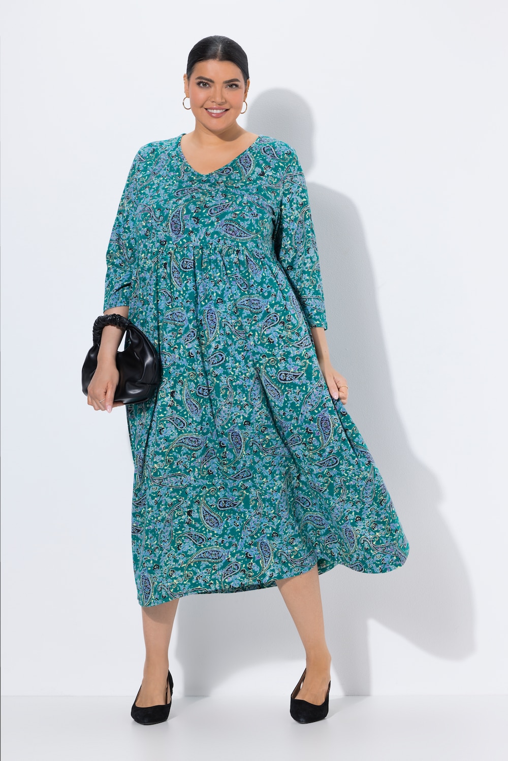 Jerseykleid, Paisley, A-Linie, V-Ausschnitt, 3/4-Arm