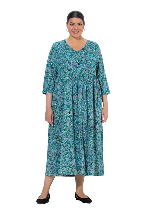 Žerzejové šaty, paisley vzor, áčkový střih, V výstřih, 3/4 rukávy