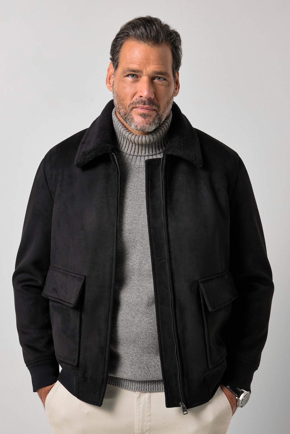 Bomberjacke, vegane Lederoptik, Teddyfutter, bis 8 XL