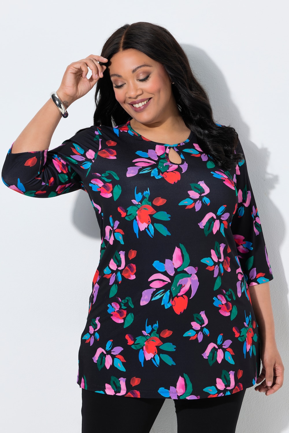 Longshirt, Blüten, Keyhole, Rundhals, 3/4-Arm