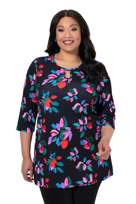 Matte Jersey Vibrant Floral Keyhole Neckline Knit Tunic