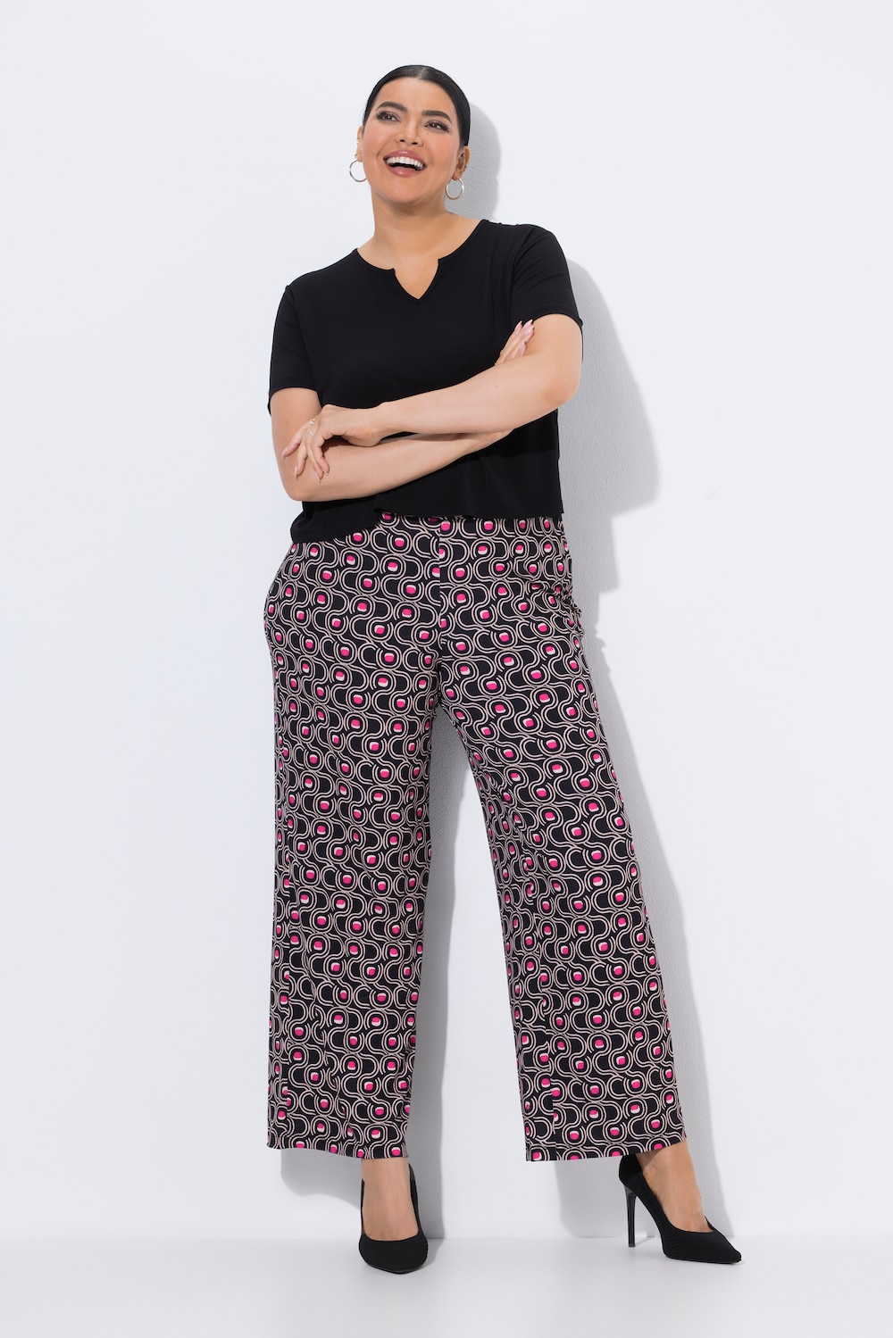 Jersey broek, grafische print, rechte pijpen, elastische tailleband