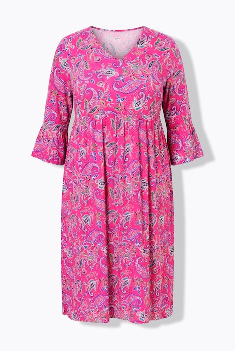 Jerseykleid, Paisley, A-Linie, V-Ausschnitt, 3/4-Arm