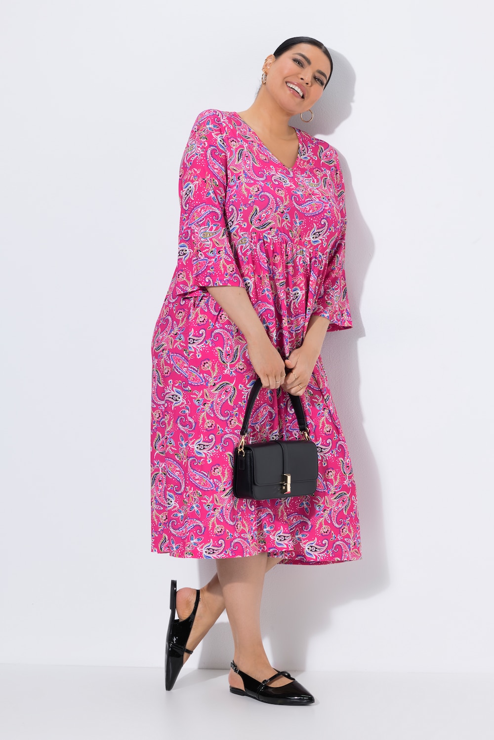 Jerseykleid, Paisley, A-Linie, V-Ausschnitt, 3/4-Arm
