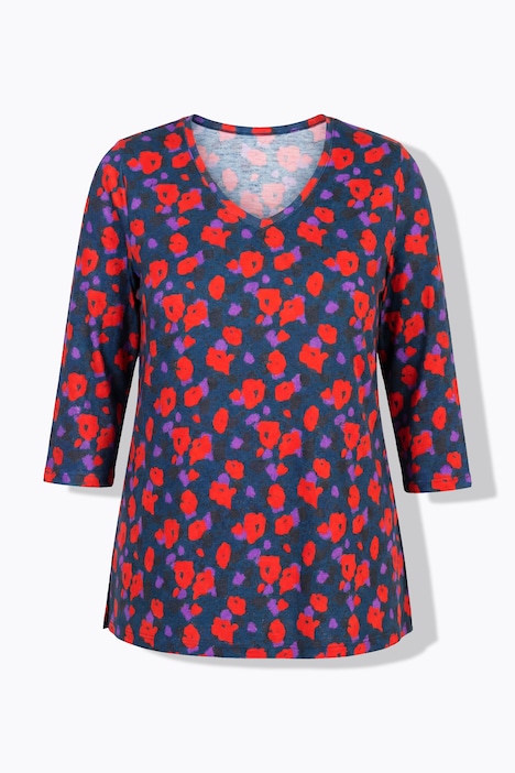 Shirt, bloemen, A-lijn, V-hals, 3/4-mouwen