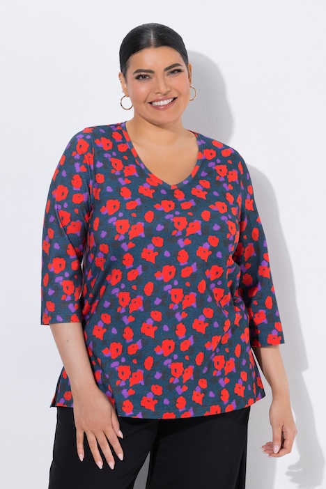 Shirt, bloemen, A-lijn, V-hals, 3/4-mouwen