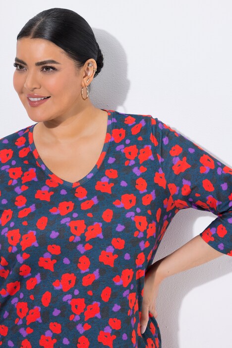 Shirt, bloemen, A-lijn, V-hals, 3/4-mouwen