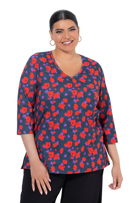 Shirt, Blüten, V-Ausschnitt, 3/4-Arm
